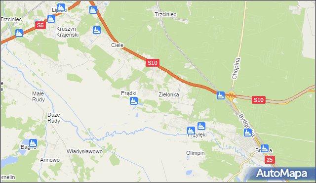 mapa Zielonka gmina Białe Błota, Zielonka gmina Białe Błota na mapie Targeo