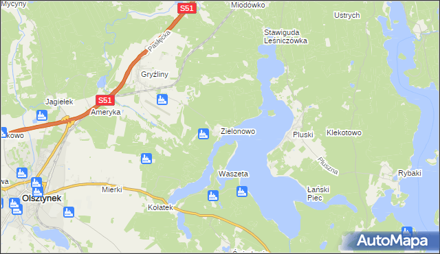 mapa Zielonowo gmina Stawiguda, Zielonowo gmina Stawiguda na mapie Targeo