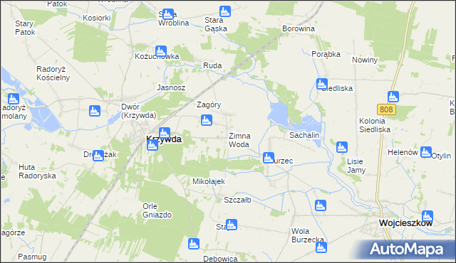mapa Zimna Woda gmina Krzywda, Zimna Woda gmina Krzywda na mapie Targeo