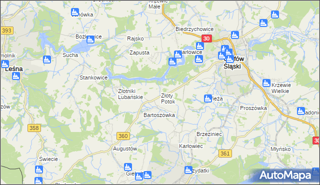 mapa Złoty Potok gmina Leśna, Złoty Potok gmina Leśna na mapie Targeo