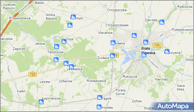 mapa Żurawia gmina Biała Rawska, Żurawia gmina Biała Rawska na mapie Targeo