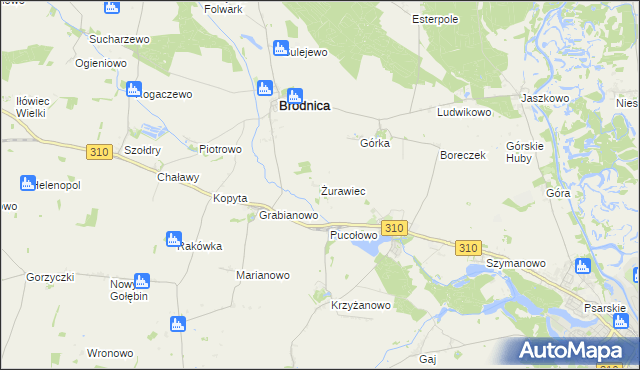 mapa Żurawiec gmina Brodnica, Żurawiec gmina Brodnica na mapie Targeo