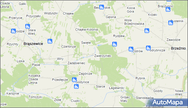 mapa Zwierzyniec gmina Brąszewice, Zwierzyniec gmina Brąszewice na mapie Targeo