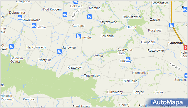 mapa Zwola gmina Sadowie, Zwola gmina Sadowie na mapie Targeo