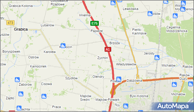 mapa Żychlin gmina Grabica, Żychlin gmina Grabica na mapie Targeo