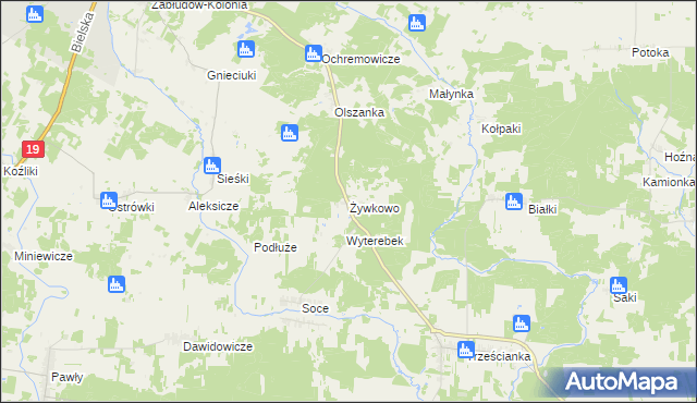 mapa Żywkowo gmina Zabłudów, Żywkowo gmina Zabłudów na mapie Targeo