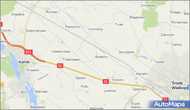 mapa Brzeziny gmina Środa Wielkopolska, Brzeziny gmina Środa Wielkopolska na mapie Targeo