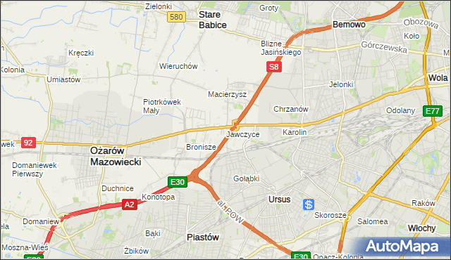 mapa Jawczyce gmina Ożarów Mazowiecki, Jawczyce gmina Ożarów Mazowiecki na mapie Targeo