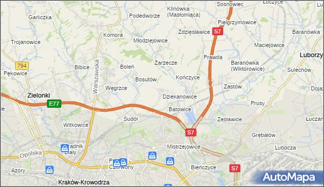 mapa Dziekanowice gmina Zielonki, Dziekanowice gmina Zielonki na mapie Targeo
