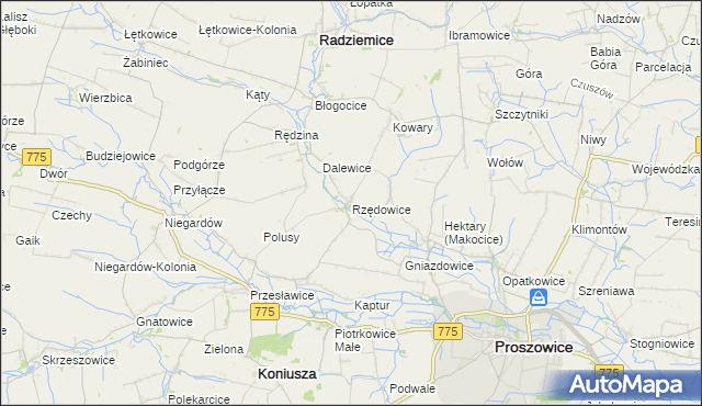 mapa Rzędowice gmina Koniusza, Rzędowice gmina Koniusza na mapie Targeo