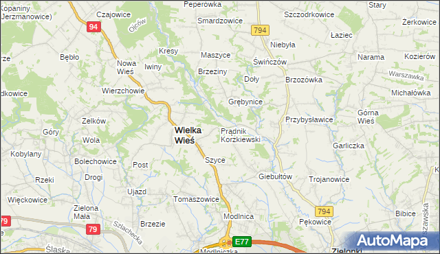 mapa Prądnik Korzkiewski, Prądnik Korzkiewski na mapie Targeo