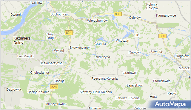 mapa Rzeczyca gmina Kazimierz Dolny, Rzeczyca gmina Kazimierz Dolny na mapie Targeo