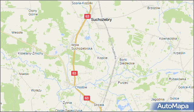 mapa Kopcie gmina Suchożebry, Kopcie gmina Suchożebry na mapie Targeo