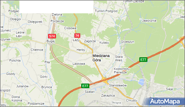 mapa Miedziana Góra powiat kielecki, Miedziana Góra powiat kielecki na mapie Targeo