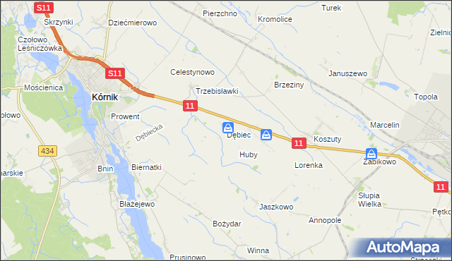 mapa Dębiec gmina Kórnik, Dębiec gmina Kórnik na mapie Targeo