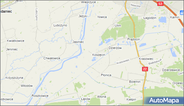 mapa Koszęcin gmina Deszczno, Koszęcin gmina Deszczno na mapie Targeo