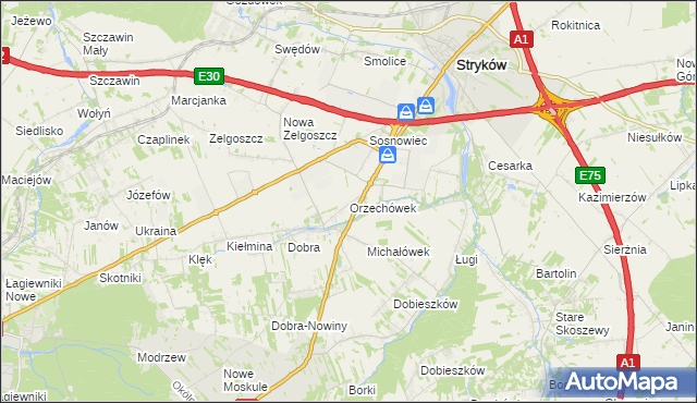 mapa Orzechówek gmina Stryków, Orzechówek gmina Stryków na mapie Targeo