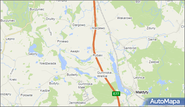 mapa Rybaki gmina Małdyty, Rybaki gmina Małdyty na mapie Targeo