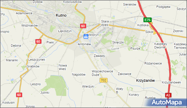 mapa Zawady gmina Krzyżanów, Zawady gmina Krzyżanów na mapie Targeo