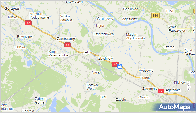 mapa Zbydniów gmina Zaleszany, Zbydniów gmina Zaleszany na mapie Targeo