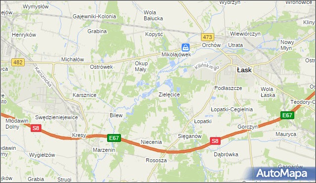 mapa Zielęcice gmina Łask, Zielęcice gmina Łask na mapie Targeo