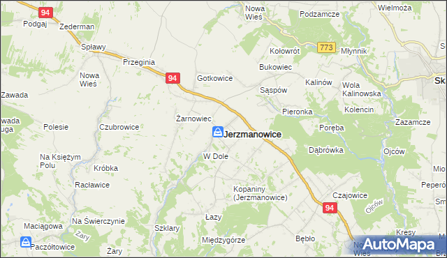 mapa Jerzmanowice gmina Jerzmanowice-Przeginia, Jerzmanowice gmina Jerzmanowice-Przeginia na mapie Targeo