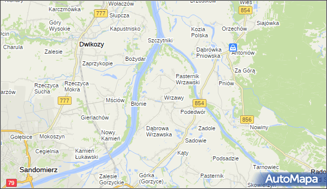 mapa Wrzawy gmina Gorzyce, Wrzawy gmina Gorzyce na mapie Targeo