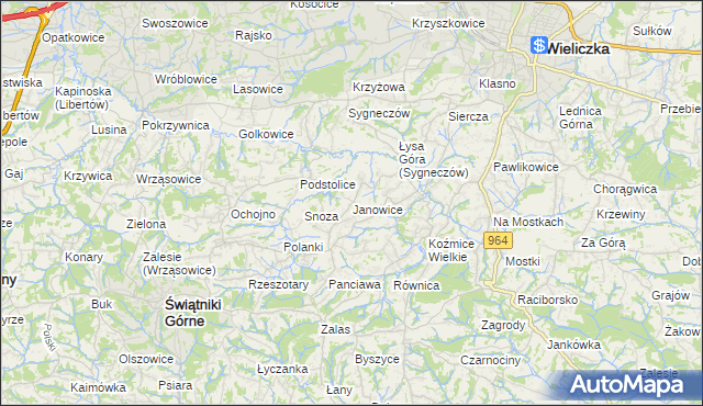 mapa Janowice gmina Wieliczka, Janowice gmina Wieliczka na mapie Targeo