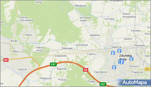 mapa Andrzejów gmina Zduńska Wola, Andrzejów gmina Zduńska Wola na mapie Targeo