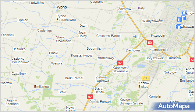 mapa Bronisławy gmina Rybno, Bronisławy gmina Rybno na mapie Targeo