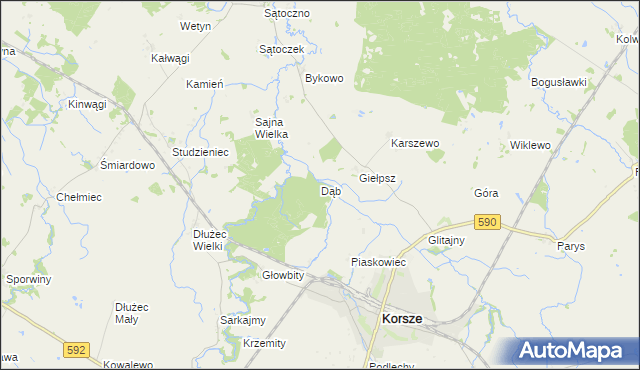 mapa Dąb gmina Korsze, Dąb gmina Korsze na mapie Targeo