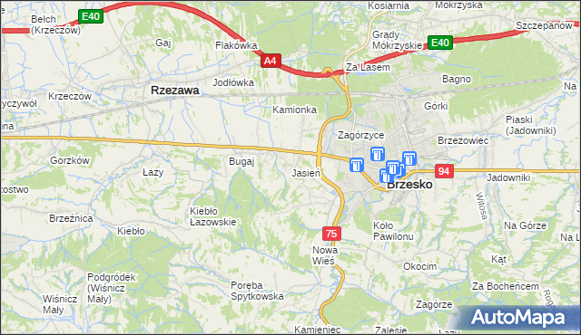 mapa Jasień gmina Brzesko, Jasień gmina Brzesko na mapie Targeo