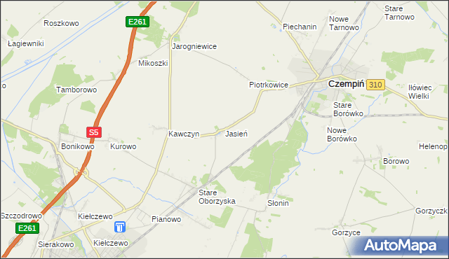 mapa Jasień gmina Czempiń, Jasień gmina Czempiń na mapie Targeo