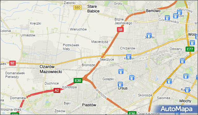 mapa Jawczyce gmina Ożarów Mazowiecki, Jawczyce gmina Ożarów Mazowiecki na mapie Targeo