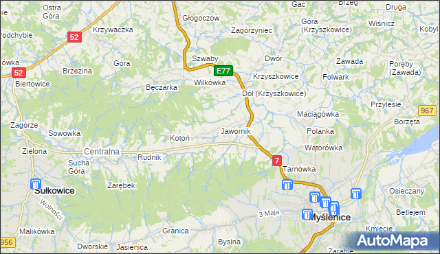 mapa Jawornik gmina Myślenice, Jawornik gmina Myślenice na mapie Targeo