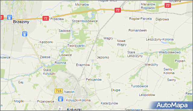 mapa Jeziorko gmina Koluszki, Jeziorko gmina Koluszki na mapie Targeo