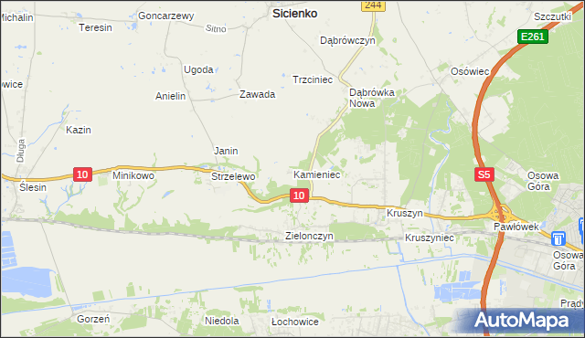 mapa Kamieniec gmina Sicienko, Kamieniec gmina Sicienko na mapie Targeo