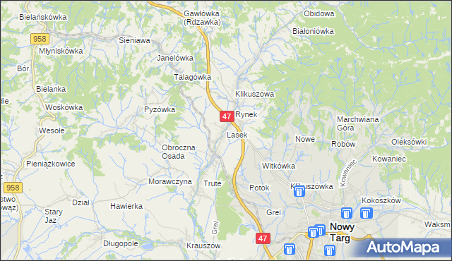 mapa Lasek gmina Nowy Targ, Lasek gmina Nowy Targ na mapie Targeo