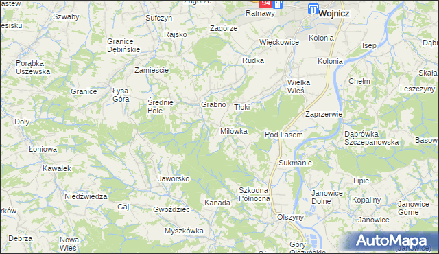 mapa Milówka gmina Wojnicz, Milówka gmina Wojnicz na mapie Targeo