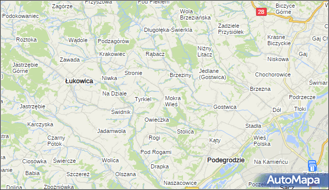 mapa Mokra Wieś gmina Podegrodzie, Mokra Wieś gmina Podegrodzie na mapie Targeo