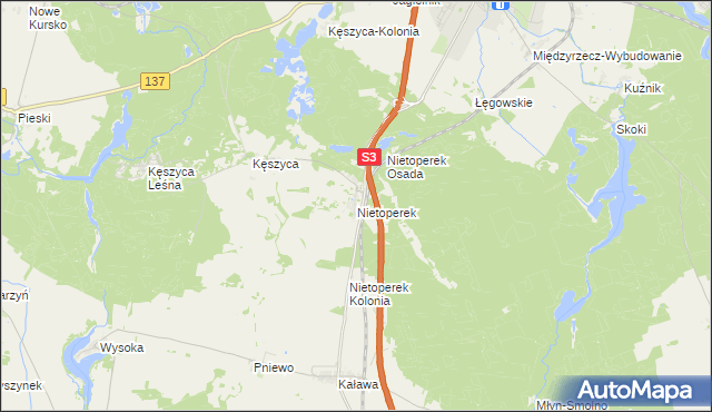 mapa Nietoperek, Nietoperek na mapie Targeo