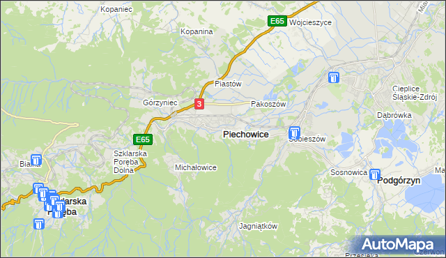 mapa Piechowice powiat jeleniogórski, Piechowice powiat jeleniogórski na mapie Targeo