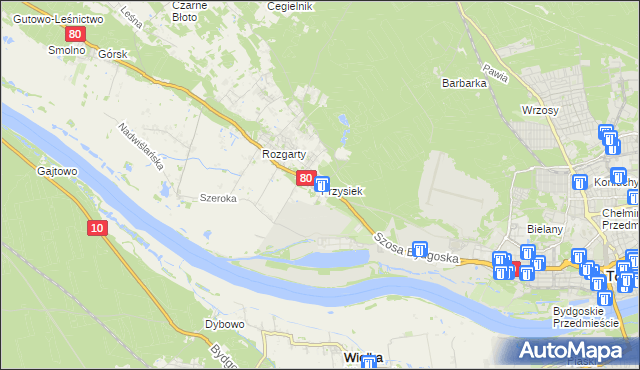 mapa Przysiek gmina Zławieś Wielka, Przysiek gmina Zławieś Wielka na mapie Targeo