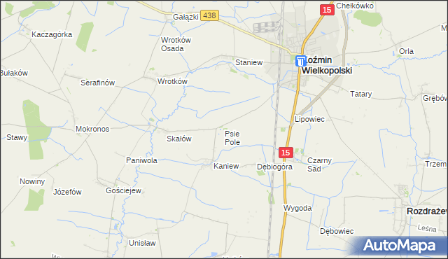 mapa Psie Pole gmina Koźmin Wielkopolski, Psie Pole gmina Koźmin Wielkopolski na mapie Targeo