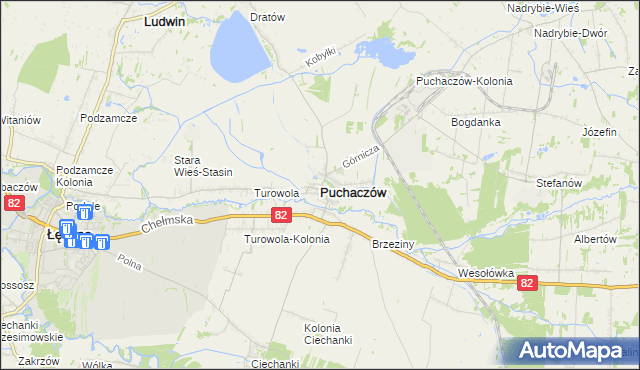 mapa Puchaczów powiat łęczyński, Puchaczów powiat łęczyński na mapie Targeo