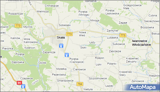 mapa Stoki gmina Skała, Stoki gmina Skała na mapie Targeo