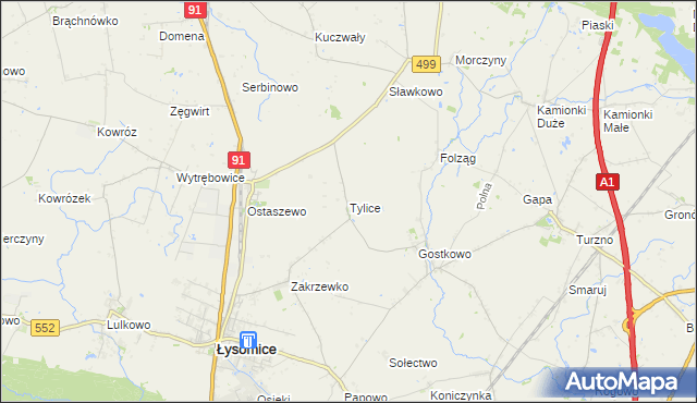 mapa Tylice gmina Łysomice, Tylice gmina Łysomice na mapie Targeo