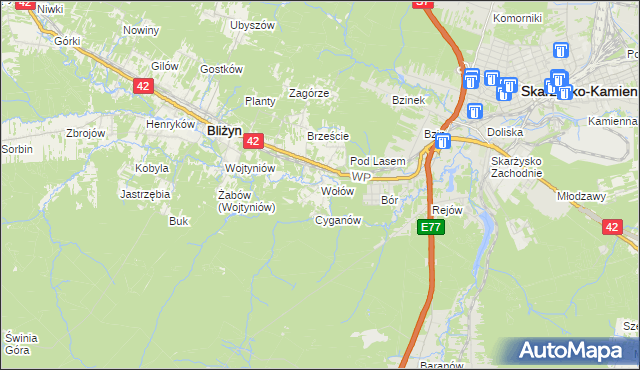 mapa Wołów gmina Bliżyn, Wołów gmina Bliżyn na mapie Targeo
