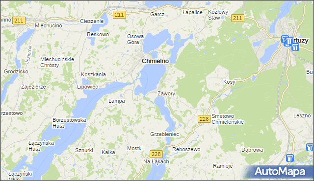 mapa Zawory gmina Chmielno, Zawory gmina Chmielno na mapie Targeo