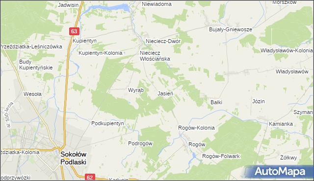 mapa Jasień gmina Repki, Jasień gmina Repki na mapie Targeo